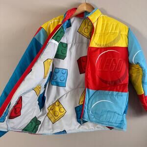 Handmade LEGO Themed Upcycled Full Zip Puffer Jacket One of A Kind Colorblock